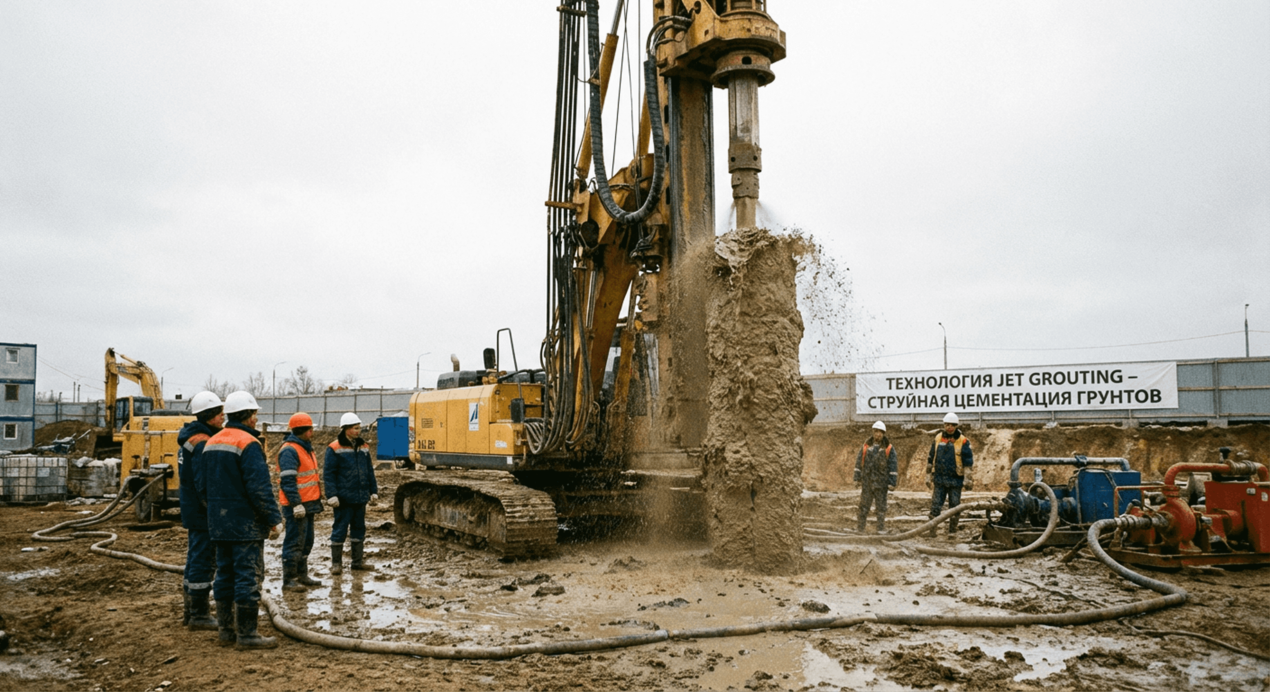 Установка выполняет струйную цементацию грунтов по технологии Jet Grouting